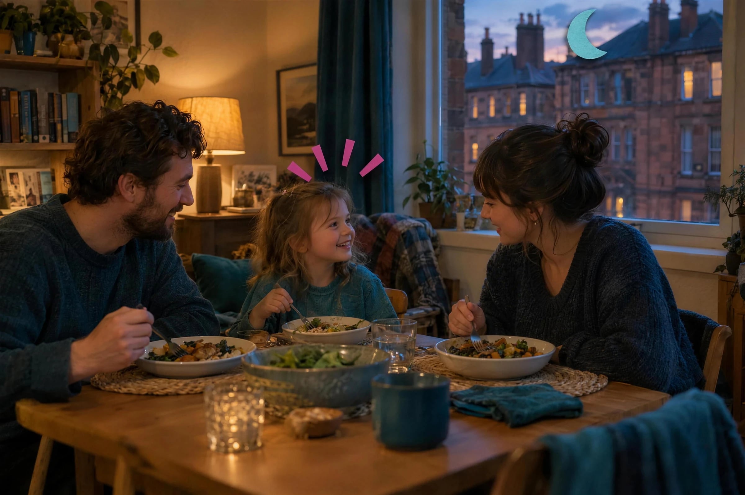 A family of three sharing an evening meal at the table in their flat.