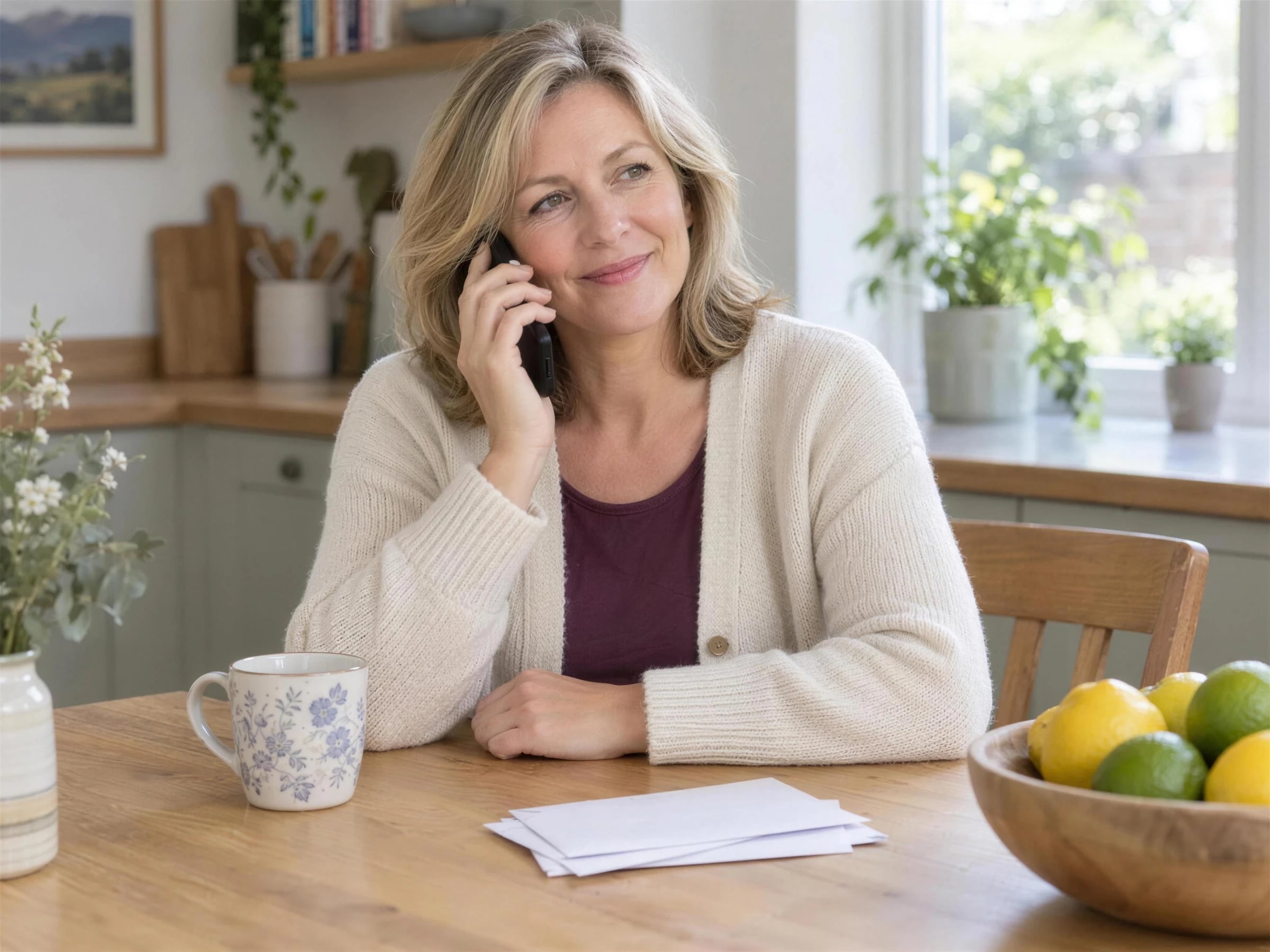 A woman at her kitchen table talking on her phone, looking reassured.