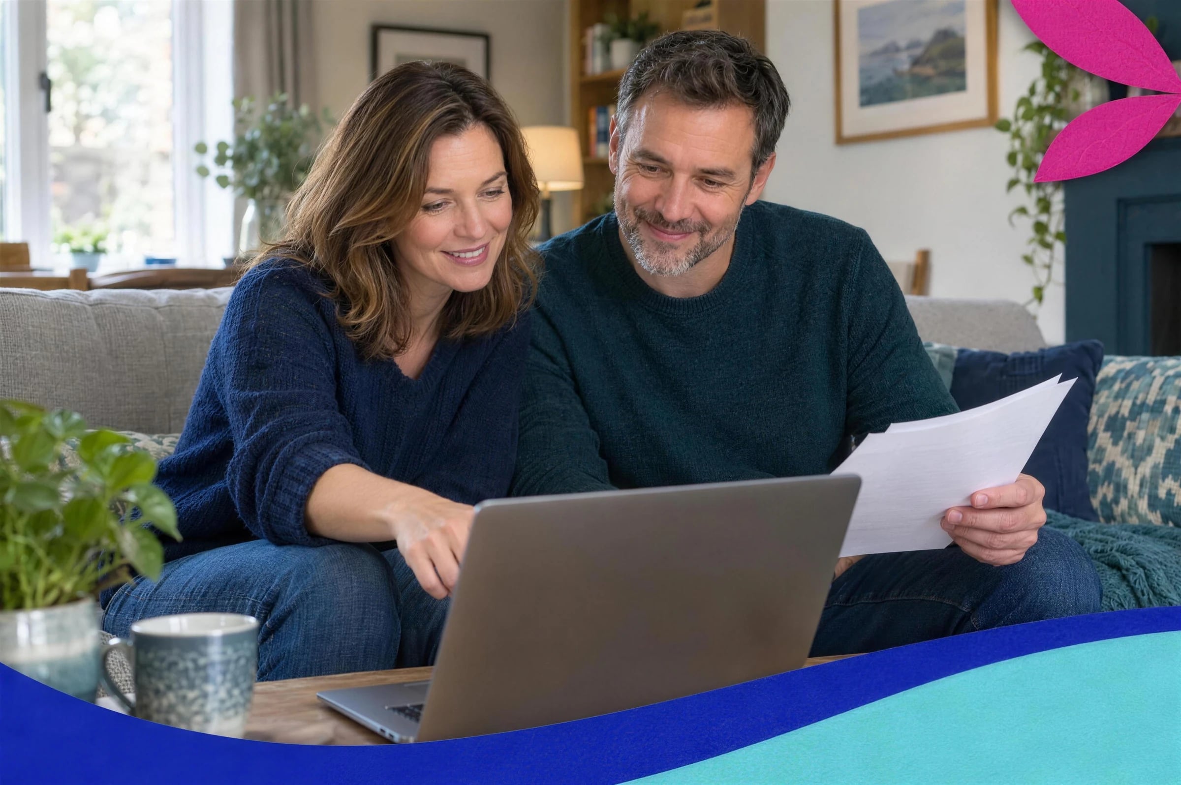 A couple on their sofa looking over a laptop and some papers together, looking reassured.