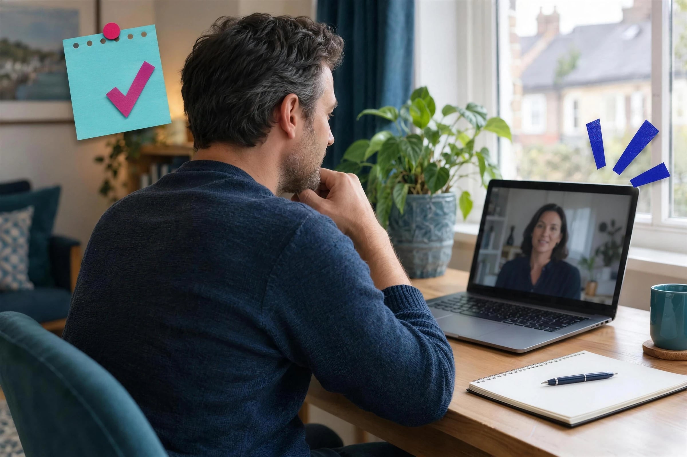 A man at his desk at home on a video call, listening and nodding.